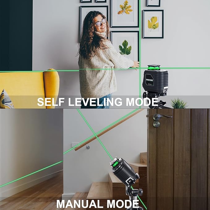 Firecore Laser Level 360 Self Leveling, 82 Ft Green 360° Cross Line Laser, 3 Brightness Adjustment, Pulse Mode, Magnetic Bracket, Carrying Pouch, for Picture Hanging Shelves Cabinets Home DIY Project