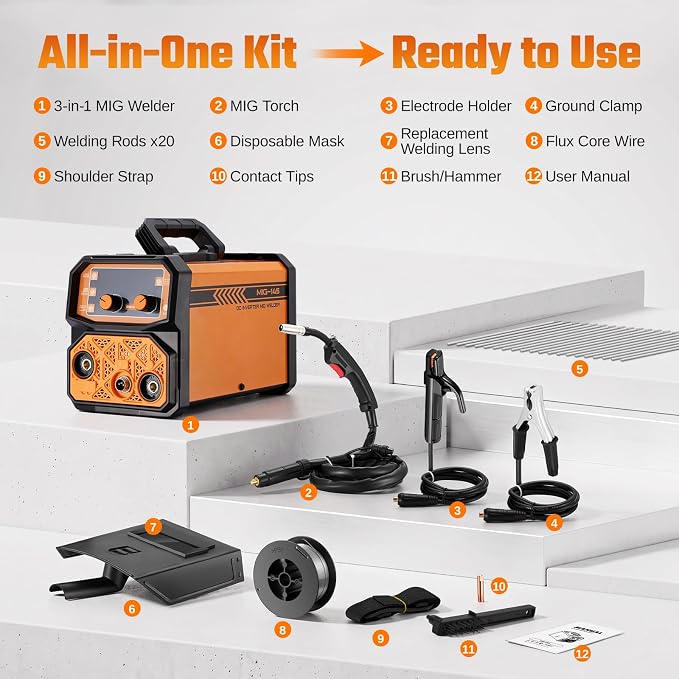 This Hill 145A 3-in-1 Welder, 110V Portable MIG/Lift TIG/Stick Welding Machine, Gasless Flux Core Welder with Large Digital Display, IGBT Inverter, Lightweight 11.6lbs for DIY & Metal Repair