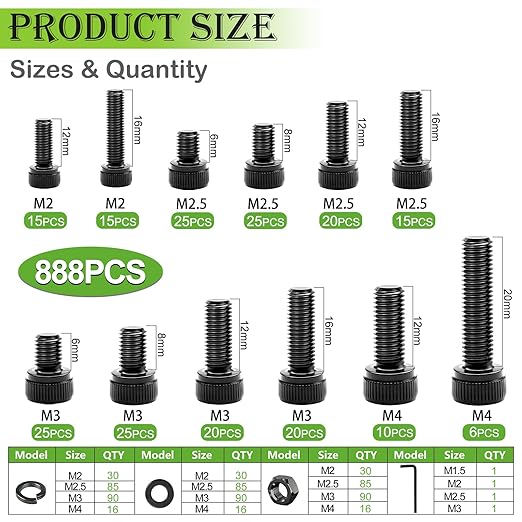 mxuteuk 888PCS Metric Screws Assortment,M4 M3 M2.5 M2 Screws Kit, Suitable for 3D Printing DIY, Grade 12.9 Alloy Steel Hex Socket Head Cap Bolts Nuts and Washers Kit, Black Zinc Plated