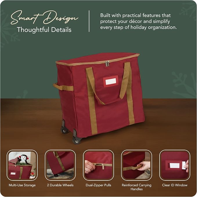 Covermates Keepsakes Rolling Treasurekeeper Storage Bag – Heavy-Duty Polyester with Dual Wheels & Handles – Protects Holiday Decorations with ID Window & Dual Zipper Access, Red