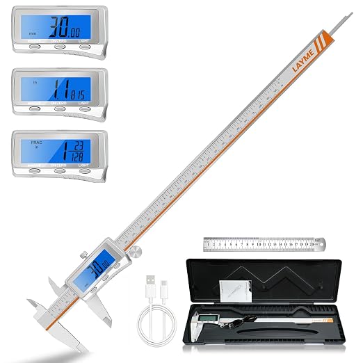 LAYME Digital Caliper 12 Inch, Rechargeable Calipers with Backlight LCD Screen, Stainless Steel Caliper Measuring Tool, Auto-Off Micrometer, Inch/MM/Fraction Conversion for DIY/Household/3D-printing