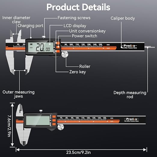 Preciva Digital Caliper 6", Rechargeable Stainless Steel Micrometer | Type-C charging, durable steel body, large LCD with auto-off saves power, in/mm/frac, for 3D-printing machining woodworking