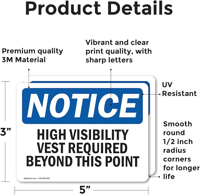 (2 Pack) High Visibility Vests Required Beyond This Point OSHA Notice Sign 5 Inch X 3.5 Inch Vinyl Label Decal Sticker Weather Resistant, UV Protected for Workplace, Business, and Construction Site, Made in the USA