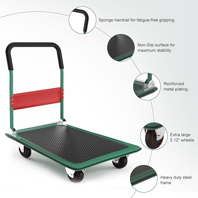 LEADALLWAY Foldable Push Cart 880lbs Capacity, Extra Tall 38.98" Height for Tall People, Heavy Duty Platform Truck 35.8" L x 24" W Green, Includes 2 Elastic Bungee Ropes