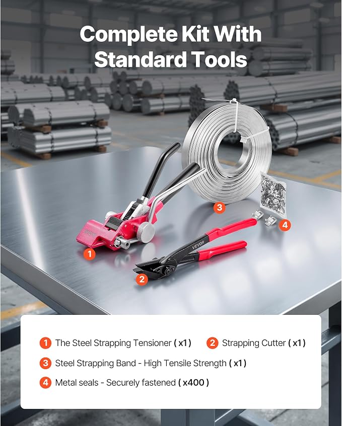 VEVOR Steel Banding Strapping Kit, Heavy Duty Banding Sealer Tool with 400 ft Binding Straps, 400 Metal Clasps, Manual Pallet Packaging Strapping Kit for Warehouse, Transportation, Industrial Bundling