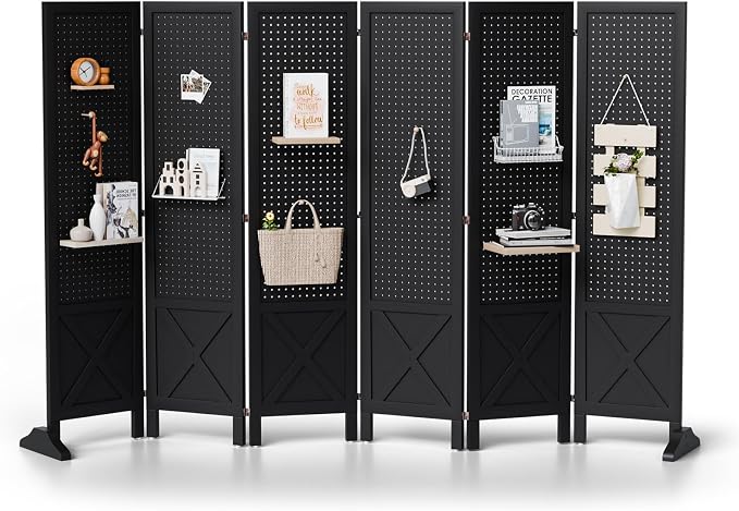 VINGLI Freestanding Pegboard with Support Feet, 5 FT Wood Room Divider Display Board Organizer, Folding Privacy Screen Partition Space Separator for Craft Shows Events Retail (Black, 6 Panel)