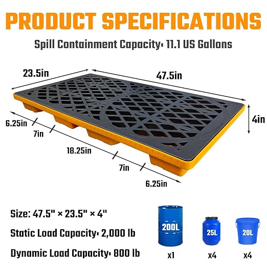 2 Drum Spill Containment Platform with Forklift Pockets, Heavy-Duty 2000 lb Capacity, Stackable Leakproof Modular Tray for Industrial & Garage Storage, 48" x 24" x 4"