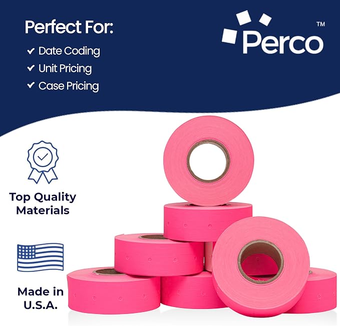 Perco 2 Line Fluorescent Pink Labels - 60,000 Blank Price and Date Gun Labels for Perco 2 Line Price and Date Guns - 80 Rolls, 10 Sleeves - Made in USA