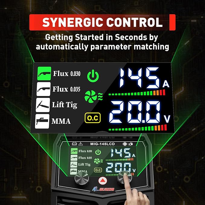 GZ GUOZHI 145A MIG Welder, 3 in 1 Welders FLUX MIG/Lift TIG/ARC Multi-Process IGBT Inverter Welder, 110V Welding Machine, ‌Flux Core Welder with upgrade Large LCD Screen