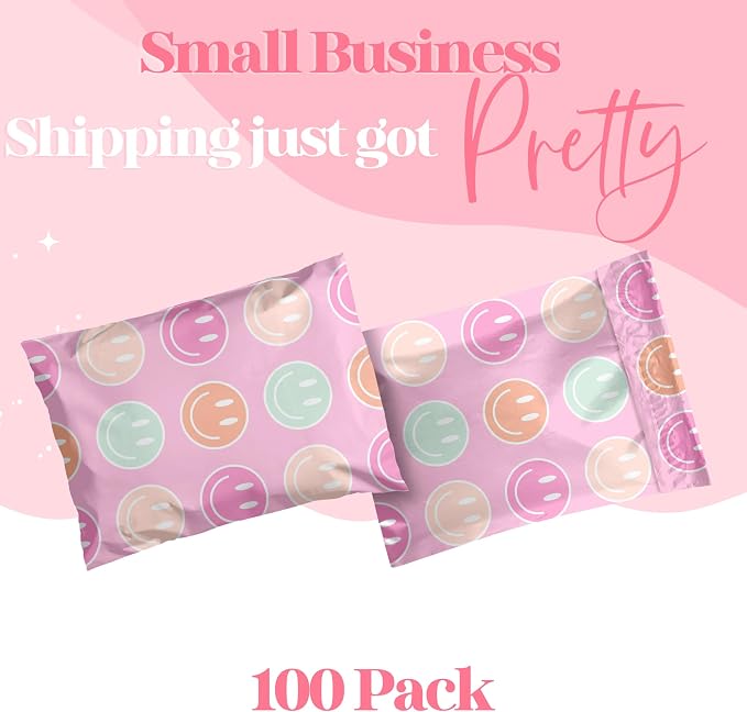 Pretty Package Store Designer Poly Mailer 10x13, Smiley Face, 100 Pack | Heavy Duty, Waterproof, Self Seal, Tear Resistant, Shipping Bags for Small Business Packaging, Bulk Mailing Envelopes