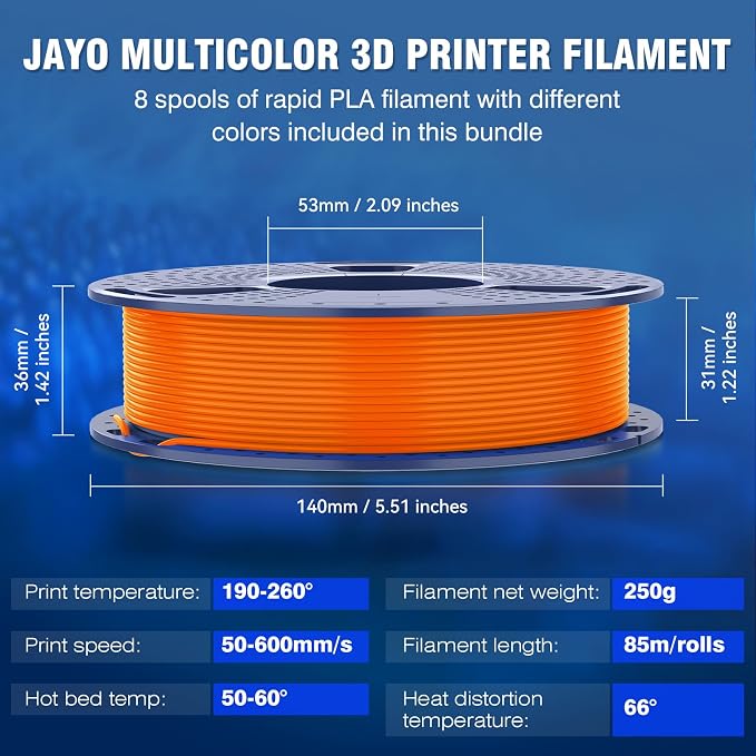 JAYO Rapid PLA 3D Printer Filament Bundle 2KG, High Speed PLA Filament 1.75mm 50mm/s - 600mm/s Print Range, 8 Pack 250g Spool Filament (Black, White, Blue, Red, Pink, Orange, Yellow, Olive Green)
