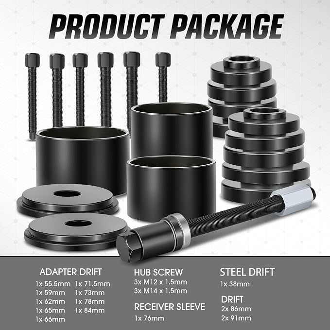 DNA Motoring 19pcs Front Wheel Bearing Press kit Bearing Puller Tools Wheel Drive Bearing Removal Tool Kit with Sliding Screws Universal Bushings Sleeves Storage Case, TOOLS-00782