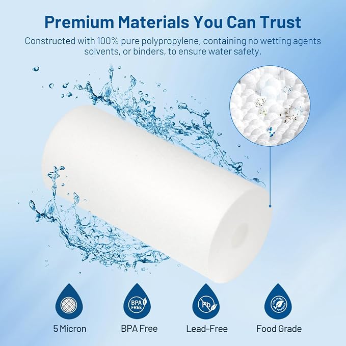 10 x 4.5 Whole House Water Filter Replacement Cartridge, 5 Micron Polypropylene & 5 Micron Pleated Sediment Filter - 6 Pack