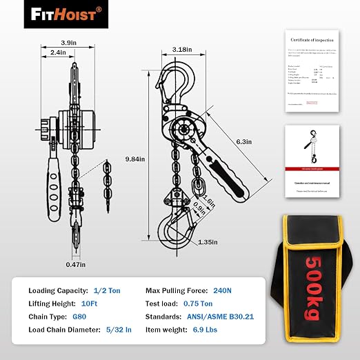 1/2 Ton Mini Lever Hoist, Chain Hoist Come Along 10FT, Aluminum Alloy Small Puller Hoist G80 Chain with Safety Hook, for Lifting Pulling Garages Warehouse, Presents for Dad Husband Men