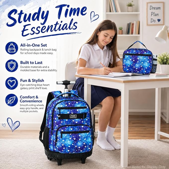 3Pcs Rolling Backpack for Girls Women, Travel Roller Backpacks with Wheels for Adults, Teens College Love Polka Dots Wheeled Bookbag with Lunch Box(Blue)