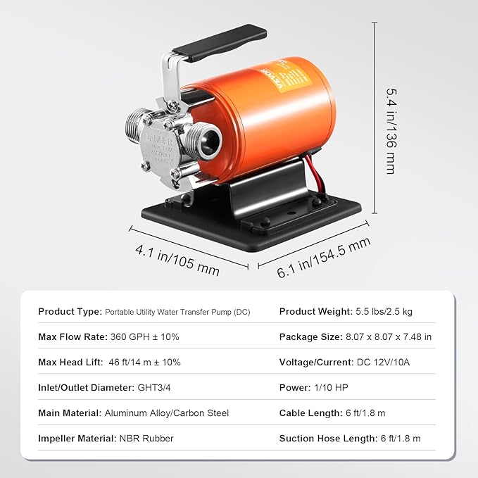 VEVOR Water Transfer Pump 12V, Battery Powered Utility Pump 360 GPH, 1/10HP Portable Electric Water Pump with Switch, 6 ft Suction Hose Kit, For Water Removal, Nonsubmersible