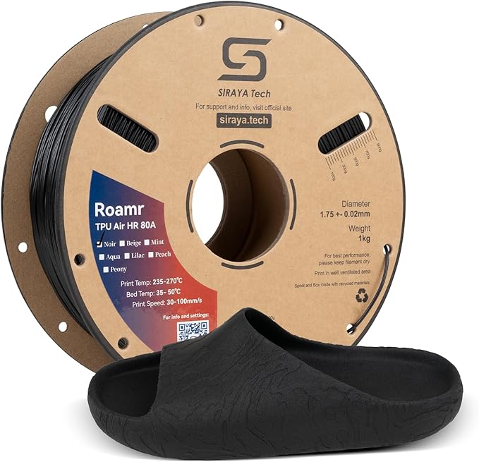 Siraya Tech Roamr TPU Air HR 80A Filament, 48-50% High Rebound, Foaming Flexible 3D Printer Filament, 64A-80A Variable Hardness, Matte Finish for Footwear, Midsoles, and Orthotics (800g, Noir)