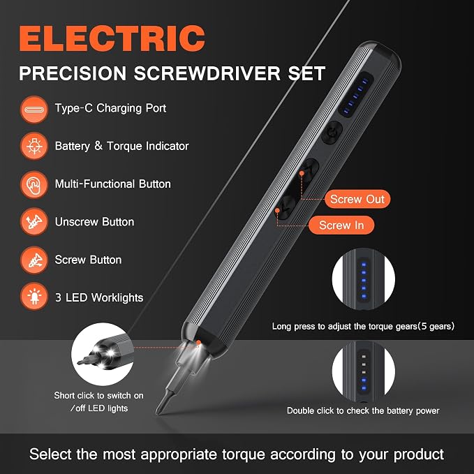 138-IN-1 Electric Screwdriver Set Cordless, Rechargeable Screw Driver with LED Light, 120 Precision Bits, Magnetic Storage Professional Home Repair Tool Kit for Electronics, Camera, Watch, PC RC, Gray