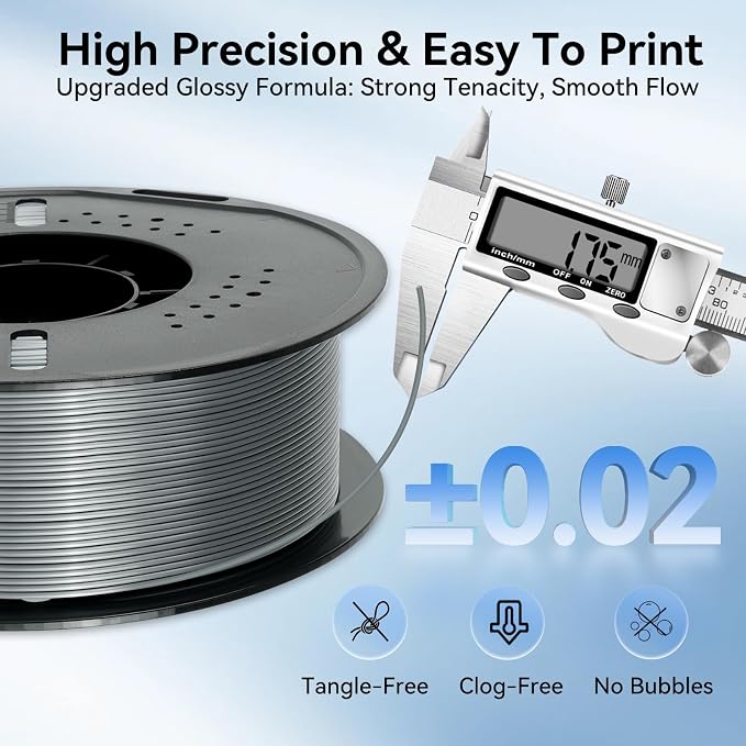 Kingroon Silk PLA 3D Printer Filament, Dimensional Accuracy +/- 0.03 mm, 1 kg Spool(2.2lbs), PLA Shiny Filament 1.75 mm (Silver)