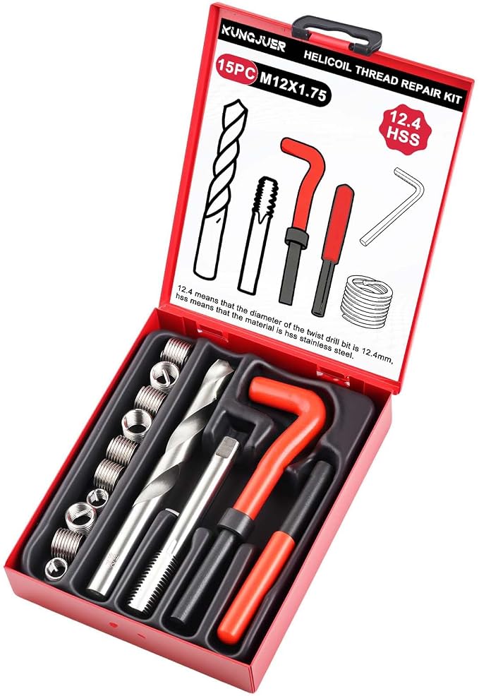 Helicoil Metric Thread Repair Insert Kit, M12x1.75mm Rethreading | Thread Repair kit with HSS Drill Bits, Rethreading Inserts Tool Set for Damaged Thread Repairing with Carry Case