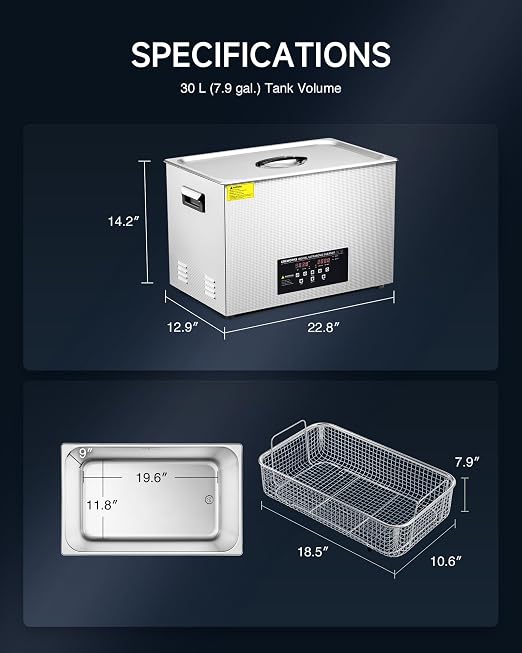CREWORKS 30L Digital Ultrasonic Cleaner with Degas Gentle Modes, 7.9 gal. Ultrasonic Cleaning Machine, 600W Professional Ultrasound Cleaner with 600W Heater & 30 min Timer for Auto Machine Parts Tools