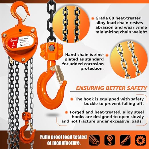 YATOINTO Chain Hoist 1 Ton(2200 Lbs) Capacity 20 FT Manual Hand Lift Steel Chain Block Hoist with 2 Heavy Duty Hooks Industrial Grade Steel Structures for Garages Automotive Machinery