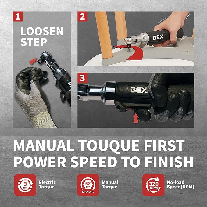 BEX 44pcs 2-in-1 3/8" Electric Ratchet Wrench and 1/4" Right Angle Screwdriver Kit for Tight Spaces USB-C Rechargeable, Socket & Bit Kit