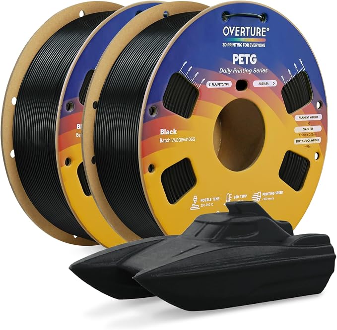 OVERTURE PETG Filament 1.75mm Bundle 2kg, High Speed 3D Printer Filament, Neatly Wound & Clog-Free, 2 Pack 1kg(2.2lbs), Accuracy +/- 0.02mm, Fit Most FDM Printers (Black (2-Pack))
