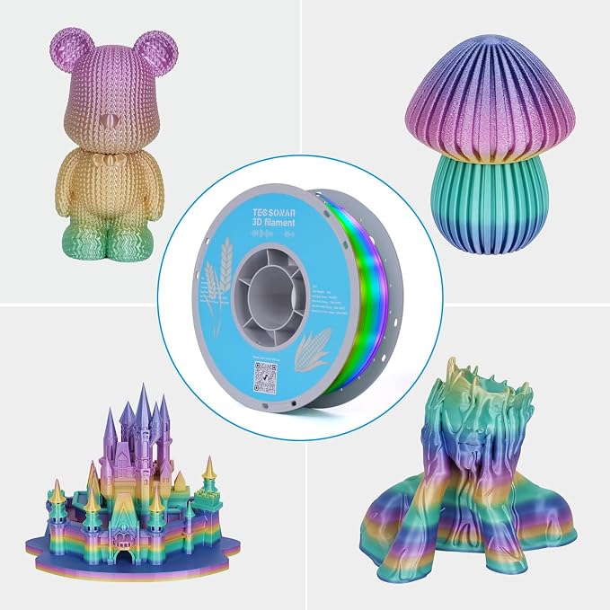TECSONAR Silk Rainbow PLA 3D Printer Filament, 1KG Spool(2.2lbs) 1.75mm PLA Fast Color Change 3D Printing Material, Multicolor Gradient Filament for Most FDM 3D Printers,Green Yellow Purple