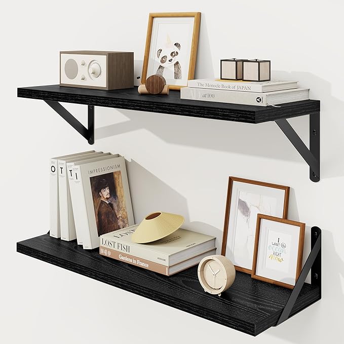 Floating Shelves 8 Inch Deep, 24W x 8D Wall Shelf Set of 2, 50 lbs Heavy Duty Reversible Metal Brackets, Industrial Book Shelf for Living Room Kitchen Bathroom Bedroom Gallery Wall, Black
