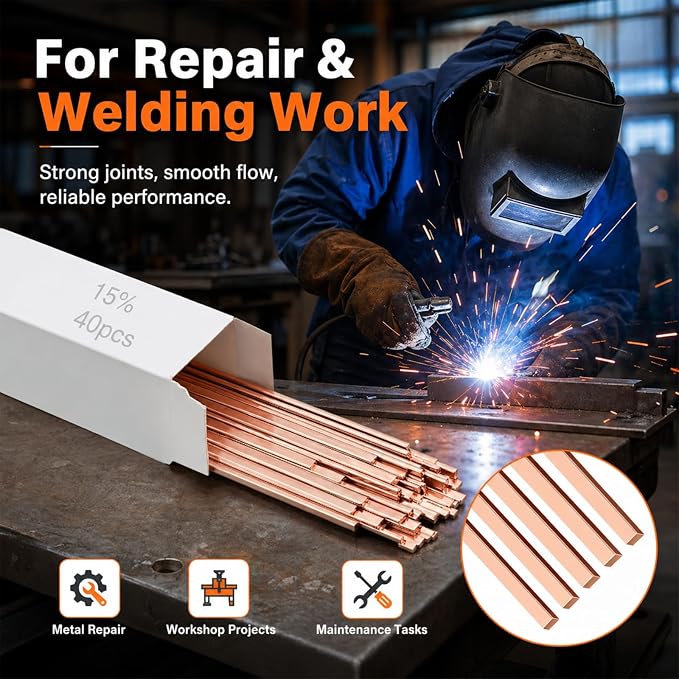 Tandefio 15% Silver Brazing Rods AWS BCuP-5 40 Sticks, Silver Solder Flat Welding Rods 0.050"x1/8"x10" for Air Conditioning, Refrigerator, Cold Storage & HVAC Units, Phos Copper Brazing Alloys