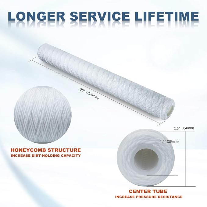 Membrane Solutions 1 Micron 2.5" OD x 20" Length Sediment Water FilterString Wound Polypropylene Cartridge for Whole House Filter Systems - 6 Pack