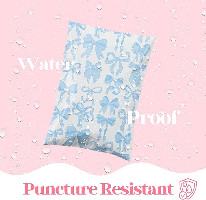 Pretty Package Store 10x13 Designer Poly Mailer 100 Pack Heavy Duty Waterproof Self Seal Shipping Bags for Small Business Large Mailing Envelopes Bulk Tear Resistant Packaging Blue Bows