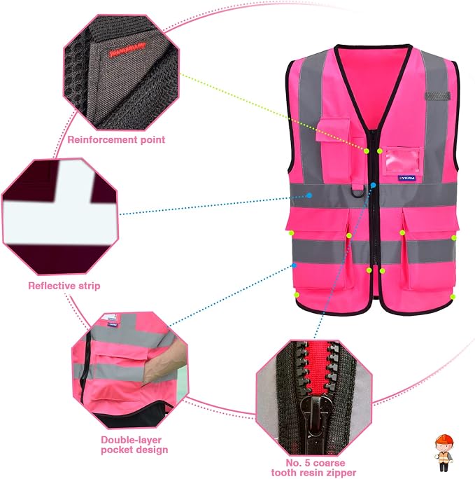 A-SAFETY Hi-Vis Reflective Vest with Radio Mic Loop, Front Zipper, Pink, M | Pink M Polyester work vest with 7 pockets, black front zipper and reflective strips for women at work and volunteer events.