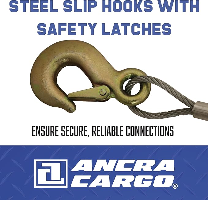 Ancra Cargo Cable Puller, Single Line 1-Ton Standard, 3/16" Aircraft Grade Galvanized Steel Cable, Drop-Forged Steel Slip Hooks with Included Safety Latch
