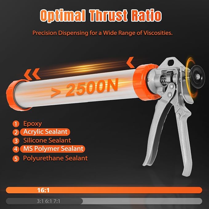 Holothurian Sausage Caulking Gun, for 20 oz Sausage Sealants & 10 oz Cartridge Sealants, 16:1 Thrust Ratio, No-Drip Aluminum Caulk Gun with 2 Plungers & 6 Nozzles