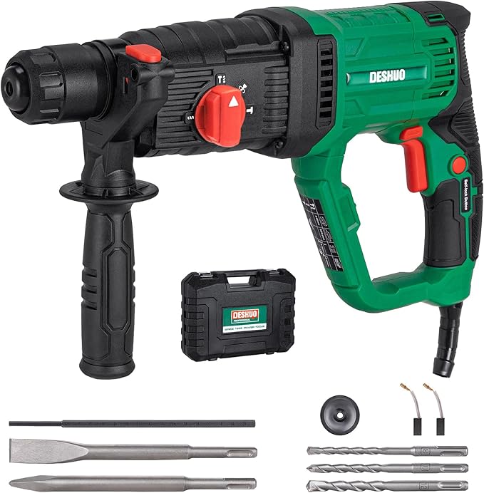 1" SDS-Plus Lightweight Rotary Hammer Drill for Concrete/Masonry | 9 Amp Corded Electric 7.2 Lbs 4 Functions & Reverse Variable Speed Safety Clutch Rotomartillo w/ 3 Drill Bits 2 Chisels Case