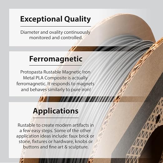 Protopasta Ferromagnetic Iron PLA 3D Printer Filament | ProtoPlant Metal-Filled PLA Plastic Printer Filament with 45% Iron | Patina Friendly Metal Composite Filament | 2kg Metallic Spool