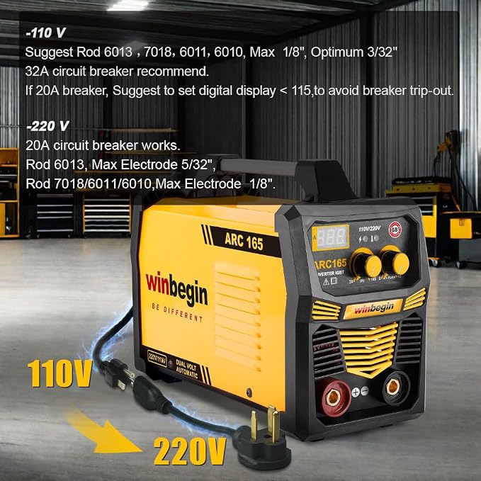 110V/220V arc welding machine,digital display,165A max rod 5/32" heavy duty stick welder,easy welding,design for beginners with Electrode Holder,Work Clamp, Power Adapter and Brush