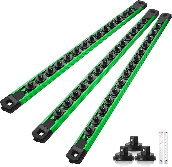 Reniteco Magnetic Socket Organizer Set, 3PC 1/4-Inch Drive Aluminum Alloy Socket Rail, Heavy Duty Magnetic Socket Holder for Tool Box Drawer, 360° Swivel Socket Rack, 1/4" x 42 Clips, Green