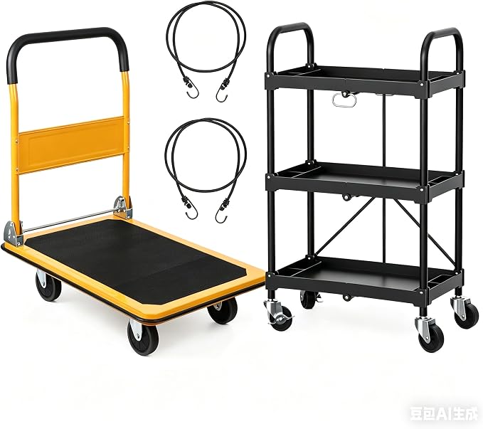 LEADALLWAY Platform Truck Large Size 880lbs 35.8x24x34.3inches Yellow with 2 Rope+Collapsible Service Cart