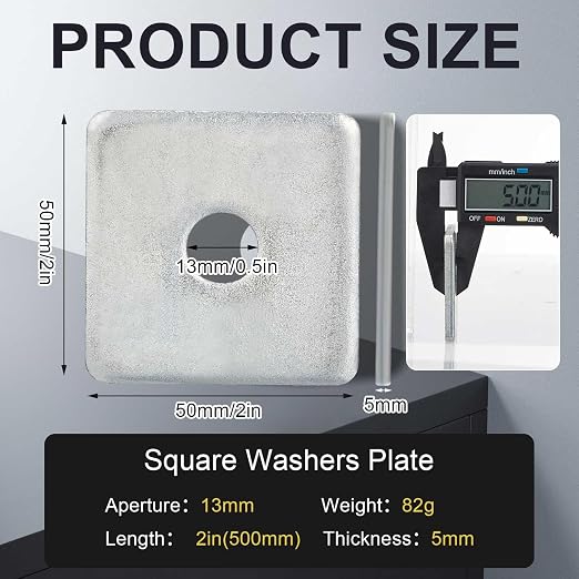 Yaocom 1 Pcs 5/8"(ID) x1/8"x3"x3" Square Washers Heavy Duty Galvanized Steel Gasket Flat Washers Nut Fastener Hardware Flat Pad (50mm)