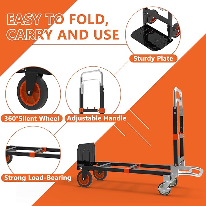 3 in 1 Heavy Duty Folding Hand Truck, Convertible Portable Steel Dolly with Telescopic Handle, Foldable Utility Cart with Rubber Wheels, 500 LBS
