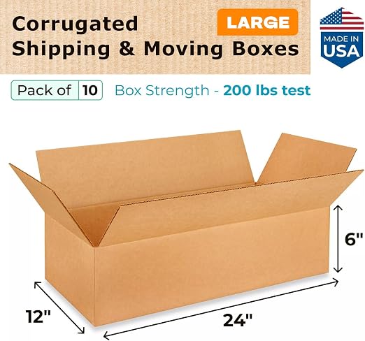 Large Shipping & Moving Boxes 24x12x6 inches (10-Pack) - Extra Strength 200 lb vs Regular - USA-Made Corrugated Shipping Boxes Large for Delivery - Cardboard Box for Moving by IDL Packaging
