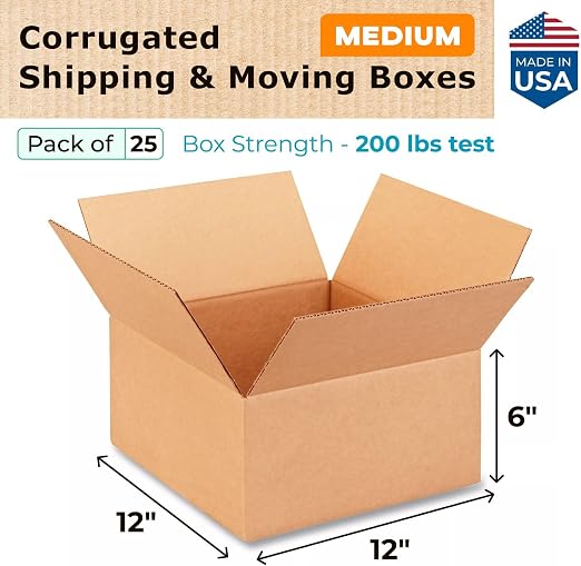 Medium Moving & Shipping Boxes 12"L x 12"W x 6"H (25-Pack) - Extra Strength 200 lb vs Regular - USA-Made Corrugated Boxes for Packaging - Durable Medium Box - Heavy Duty Shipping Box by IDL Packaging