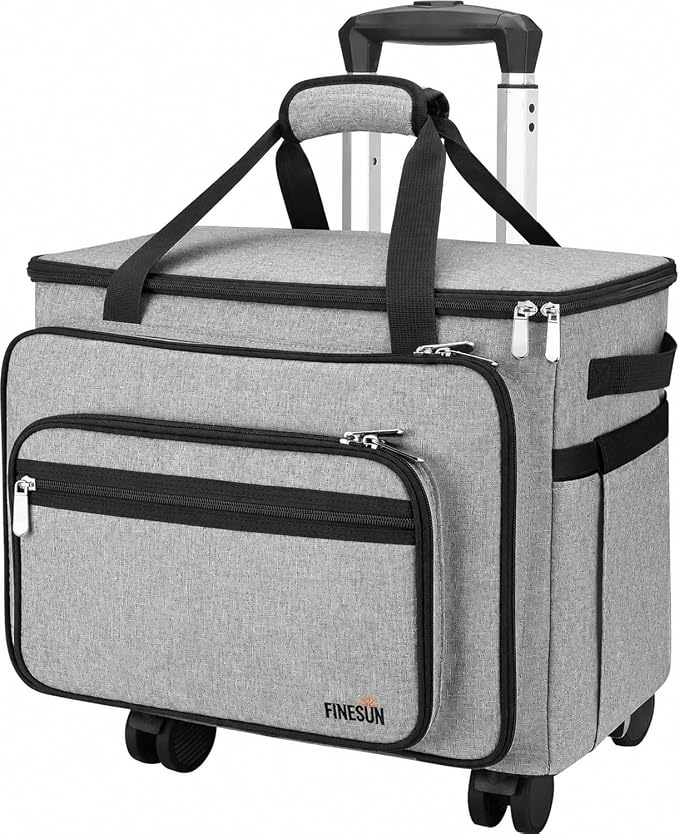 FINESUN Sewing Machine Case with Wheels, Rolling Sewing Machine Bag, Universal Craft Storage Bag for Brother Singer Janome and Most Embroidery Machine Carrying Tote Bag Grey