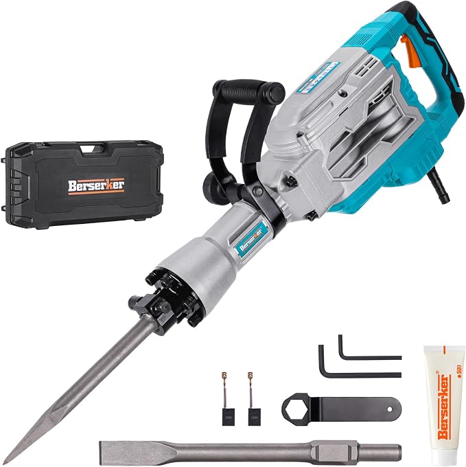 Berserker 1700W 30-Pound Demolition Jack Hammer 65F with 1-3/16" Hex,14Amp | Heavy duty Corded Electric Concrete/Pavement Breaker with Trigger Lock, Wheeled Carrying Case, Flat Chisel, Bull Point Chisel