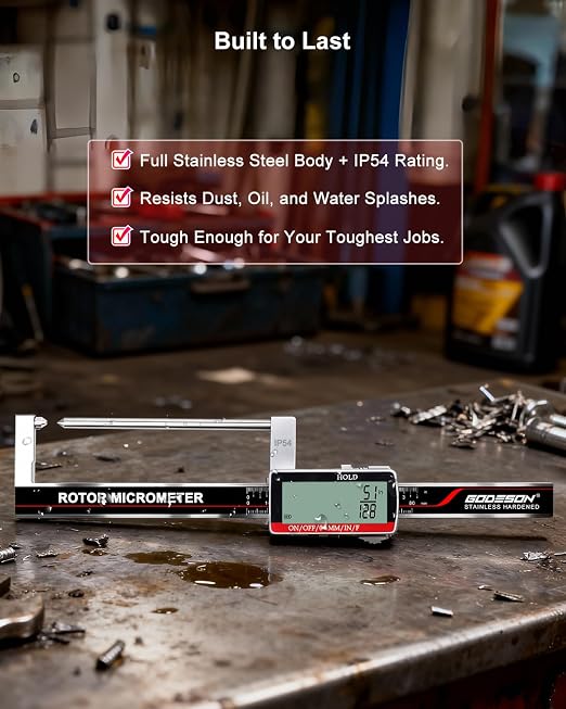 GODESON Brake Rotor Gauge, Rechargeable Digital Caliper 3.25-Inch ±0.03mm Accuracy, Stainless Steel Body, Large LCD Display with Hold, mm/inch/F Units, IP54, Measures Discs Without Removing Wheels