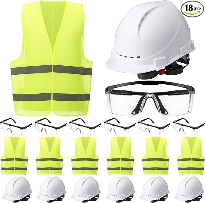 Mumufy 18 Pcs Suspension Hard Hats Safety Helmets Vented Cap Style Helmet with High Visibility Vest Mesh Reflective Anti Fog Safety Goggles Adjustable Temples for Construction Work(White, Yellow)