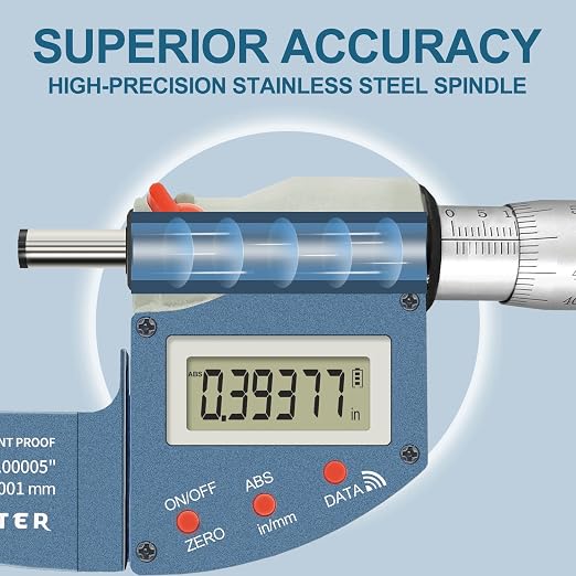 Digital Micrometer Metric & Inch, 0.00005" Resolution, 0.0001" Accuracy Stainless Steel Micrometer for DIY and Household Use